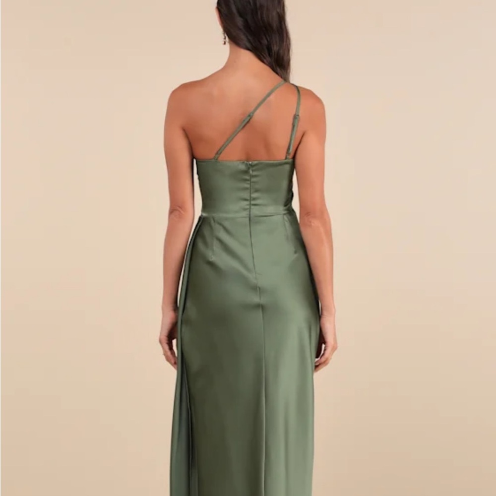 Signature Elegance Olive Green Satin One-Shoulder Maxi Dress - Picture 2 of 4